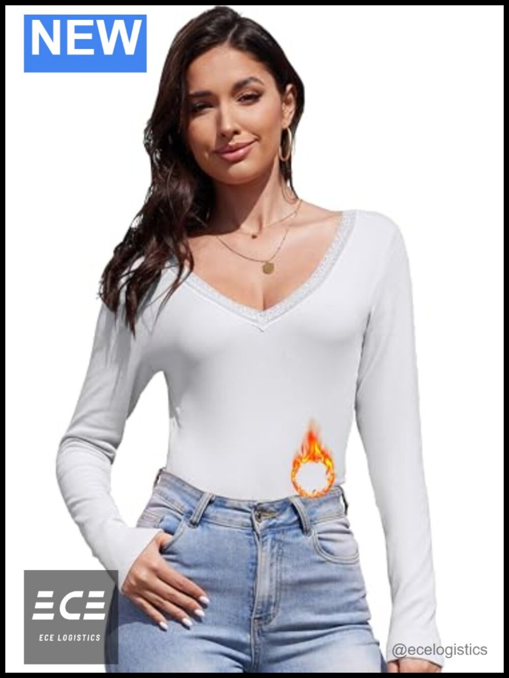 Fleece Lined Cotton Lace V Neck Long Sleeve Thermal Top